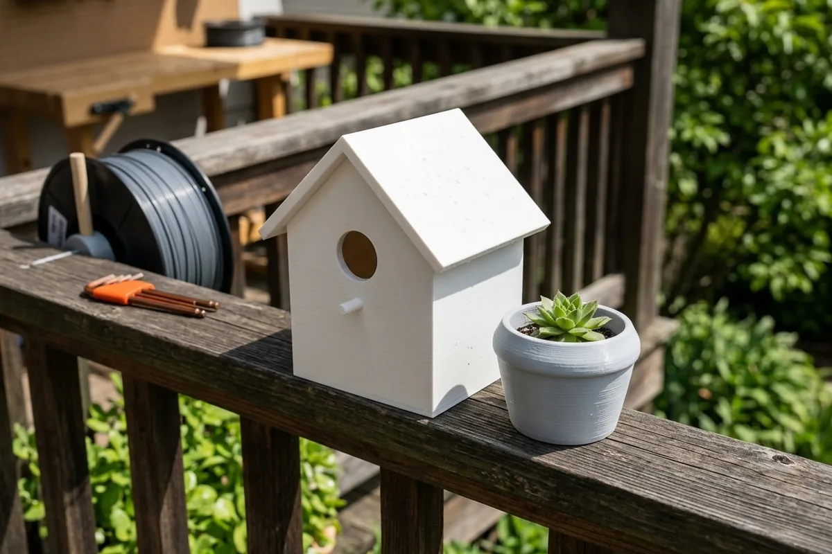 Güneşli bir balkon korkuluğunda 3D baskı beyaz kuş evi ve sukulent dikili gri saksı; arkada filament makarası ve yeşil bitkiler