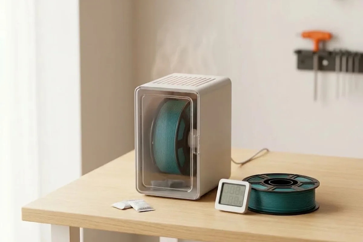 Masada ön camından teal filament makarası görünen filament kurutucu, yanında dijital nem ölçer, silika jel paketleri ve ikinci bir makara
