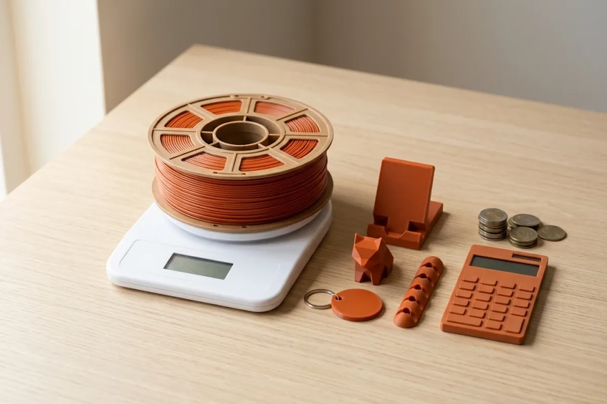 Mutfak terazisinde turuncu filament makarası; yanında aynı renkte basılmış telefon standı, anahtarlık, kablo tutucu, küçük figür, hesap makinesi ve bozuk paralar
