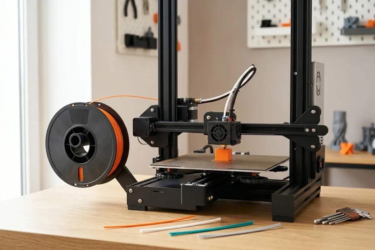 Masadaki FDM 3D yazıcıda makaradan uzanan turuncu filament ve tablada basılan küçük parça; önde turuncu, beyaz, teal ve gri örnek filament telleri