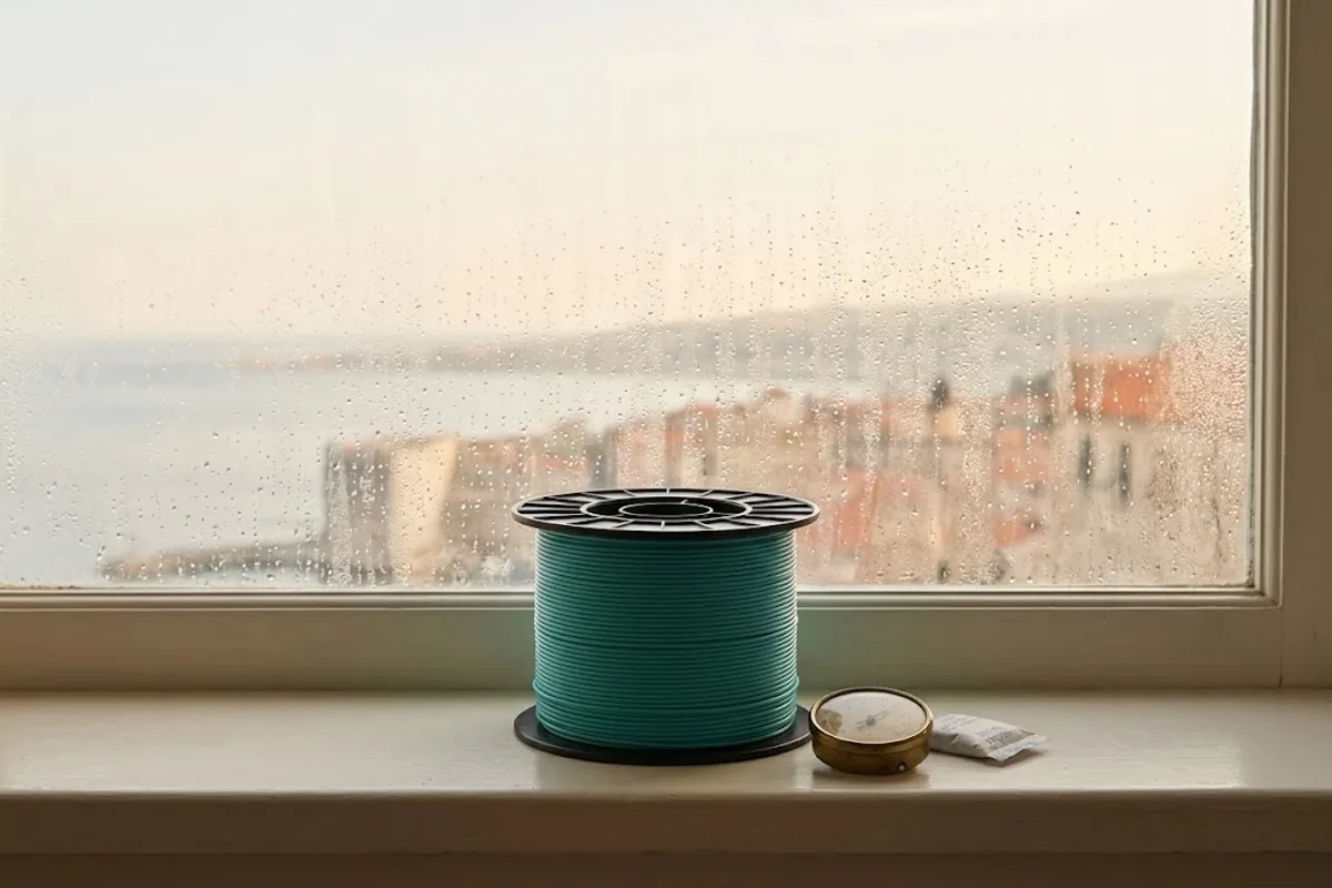 Buğulanmış pencerenin önünde teal filament makarası, nem ölçer ve silika jel paketi; dışarıda puslu, nemli bir sahil şehri