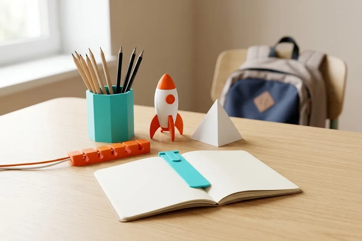 Çalışma masasında 3D baskı teal kalemlik, turuncu-beyaz roket, beyaz piramit, turuncu kablo düzenleyici ve açık defterde teal kitap ayracı; arkada okul çantası