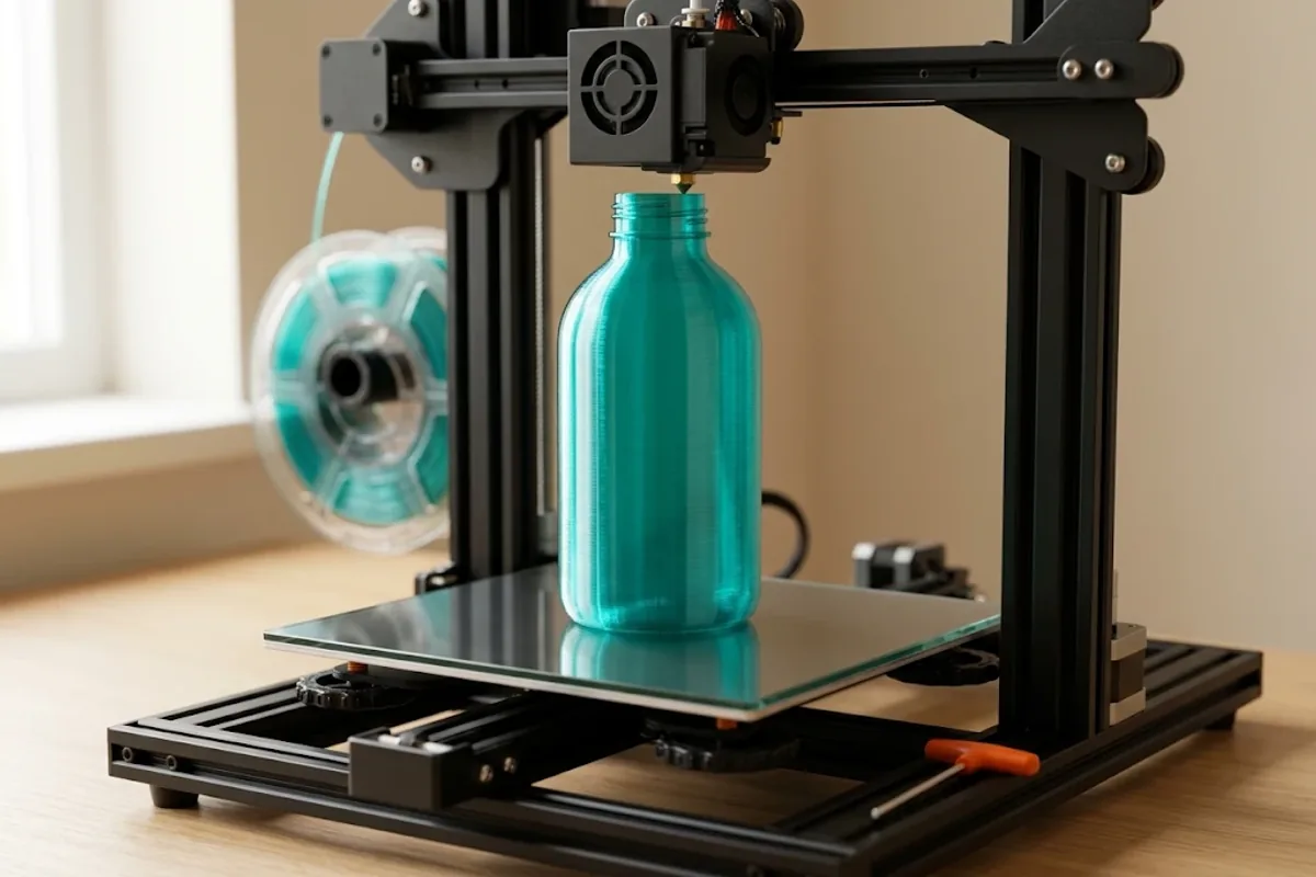 3D yazıcının cam tablasında yeni basılmış yarı saydam teal PETG şişe, hemen üstünde nozul; arkada aynı renk filament makarası