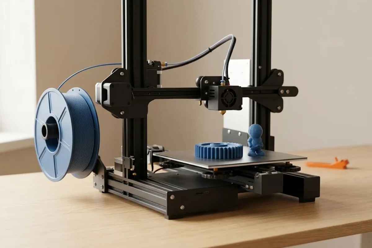 Baskısını bitirmiş FDM 3D yazıcının tablasında mat mavi dişli ve küçük figür; yanda aynı renk filament makarası