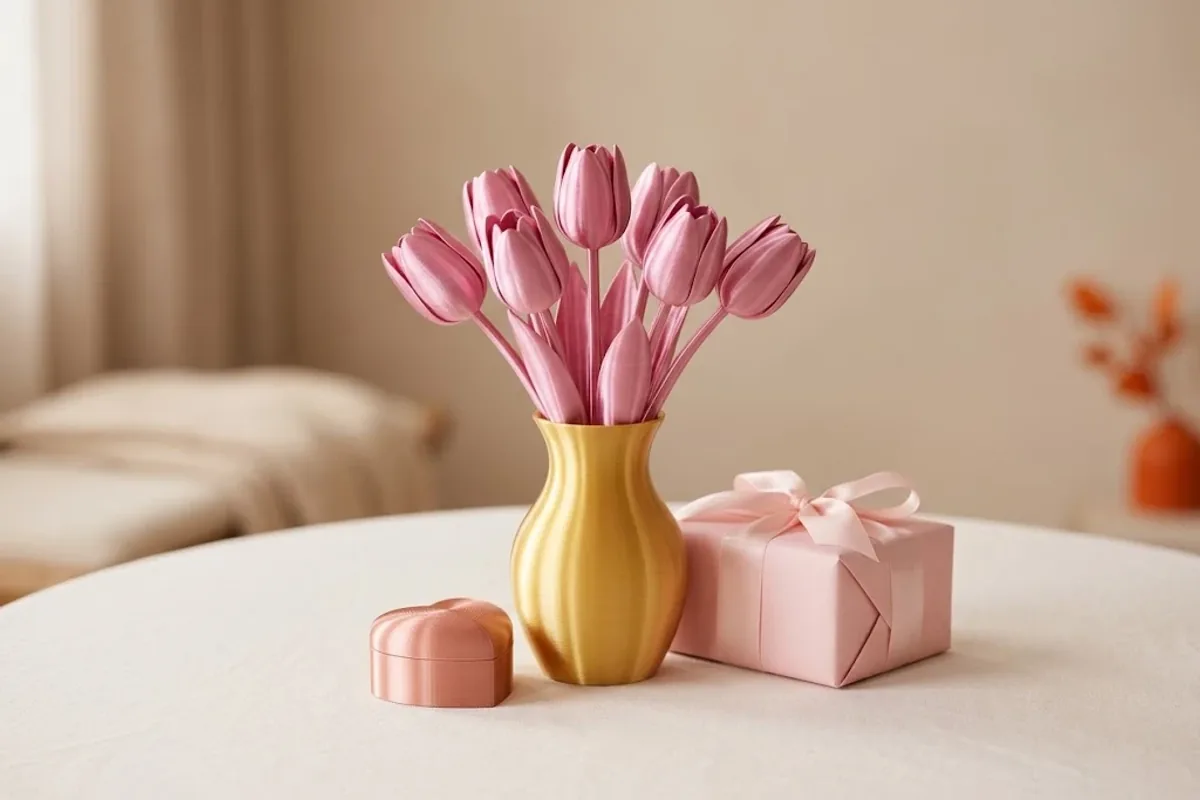 Parlak altın rengi PLA Silk vazoda pembe 3D baskı laleler; yanında pembe kalp şeklinde kutu ve kurdeleli hediye paketi
