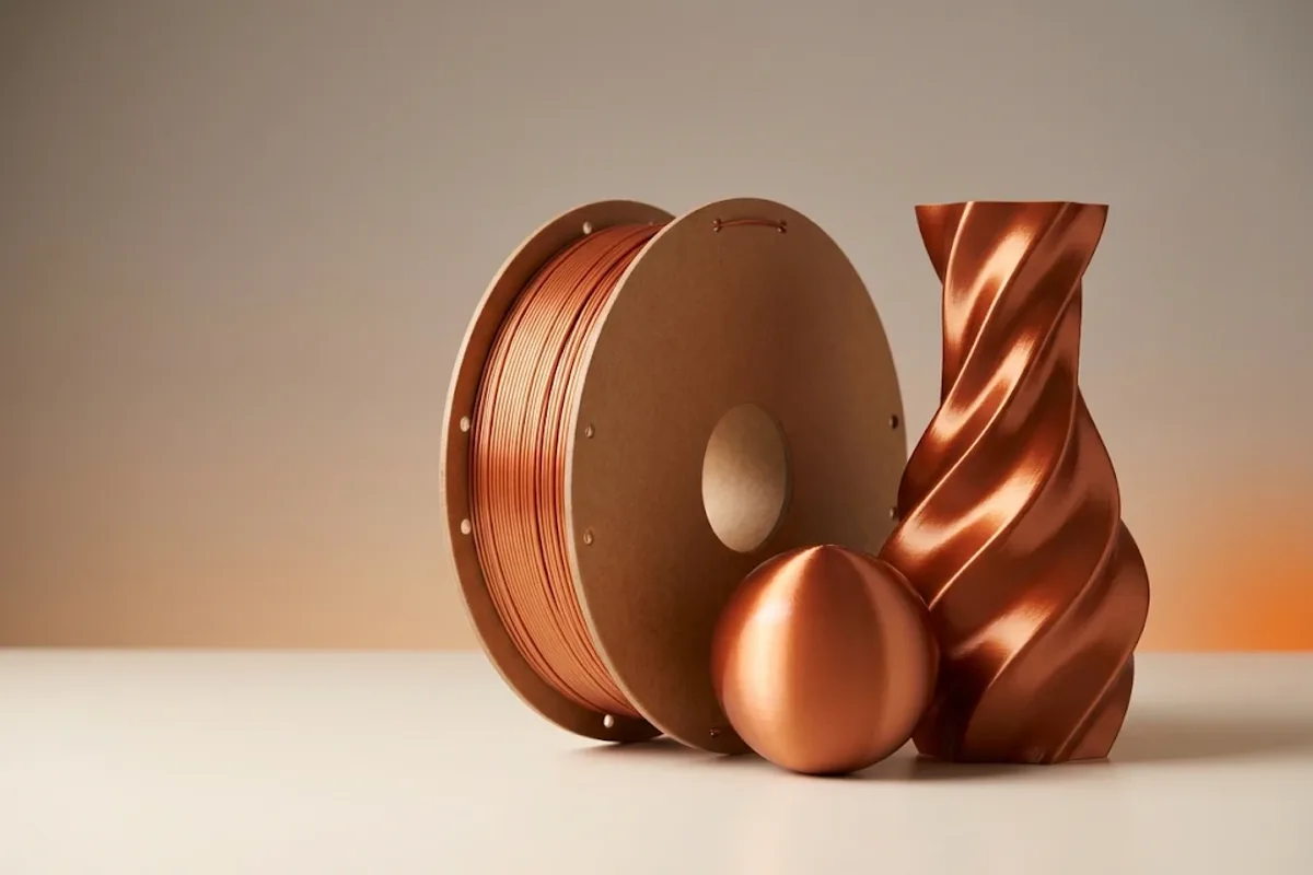 Bakır renkli PLA Silk filament makarası, yanında metalik parlaklıkta 3D baskı küre ve burgulu vazo