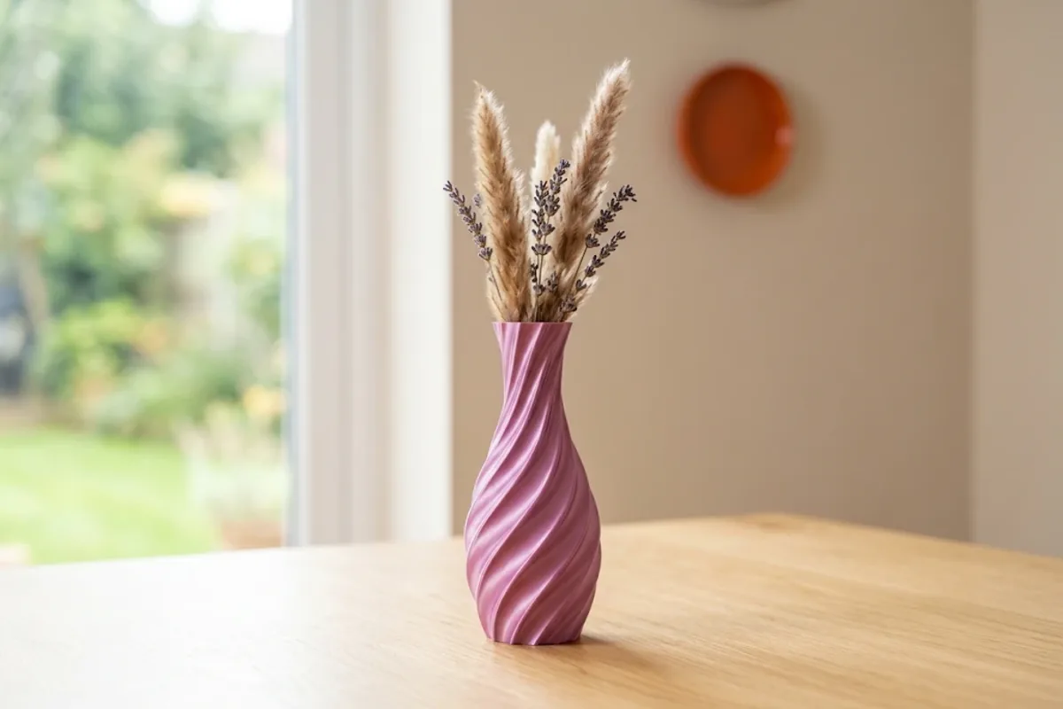 Ahşap masada parlak pembe PLA Silk ile basılmış burgulu spiral vazo, içinde kuru pampas otu ve lavanta