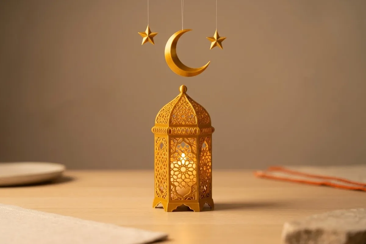 Masada içinden mum ışığı süzülen, geometrik desenli altın rengi 3D baskı Ramazan feneri; üstünde iplere asılı altın hilal ve iki yıldız