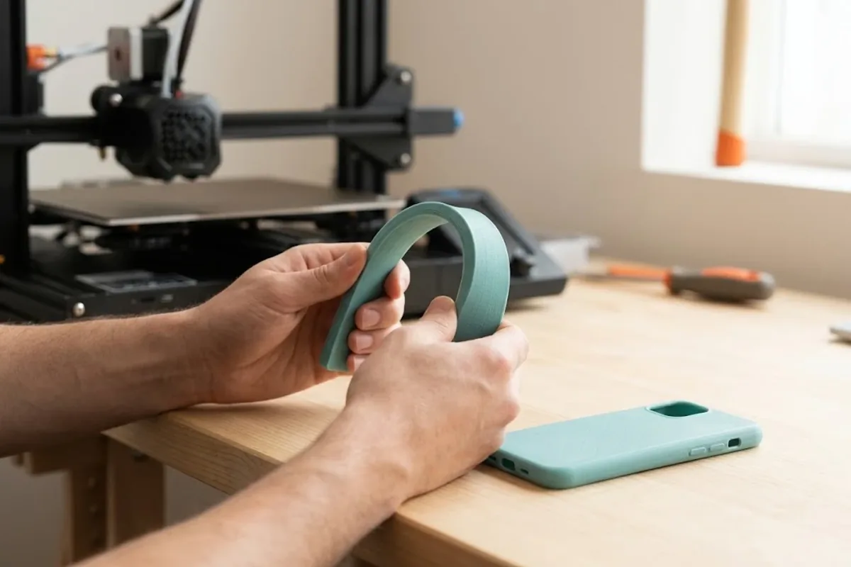 Esnek teal TPU baskı şeridini U şeklinde büken eller; masada aynı renkte TPU telefon kılıfı, arkada 3D yazıcı