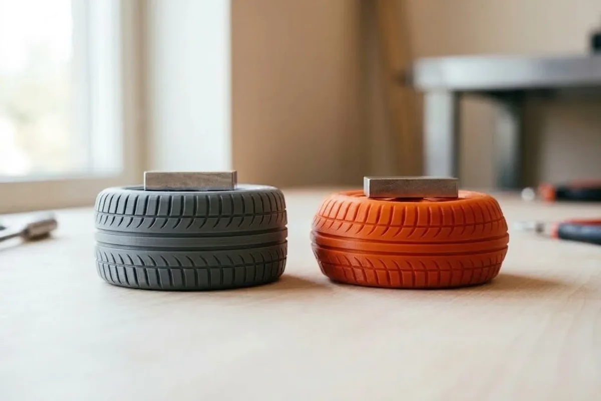 Üzerlerinde aynı metal ağırlık olan iki 3D baskı esnek tekerlek: gri olan sert ve yuvarlak, turuncu olan daha yumuşak ve hafifçe basık