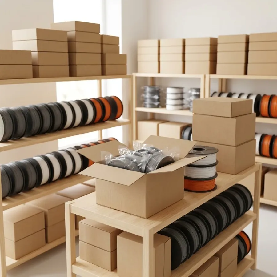 Raflarda sıra sıra filament makaraları ve karton koliler; önde vakumlu paketlenmiş makaralarla dolu açık bir koli